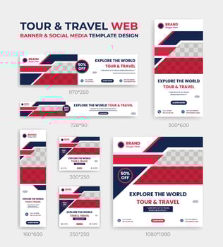 Tour ands travel web banner social media post design template Set Vertical, Horizontal and Square banners with standard size. vector
