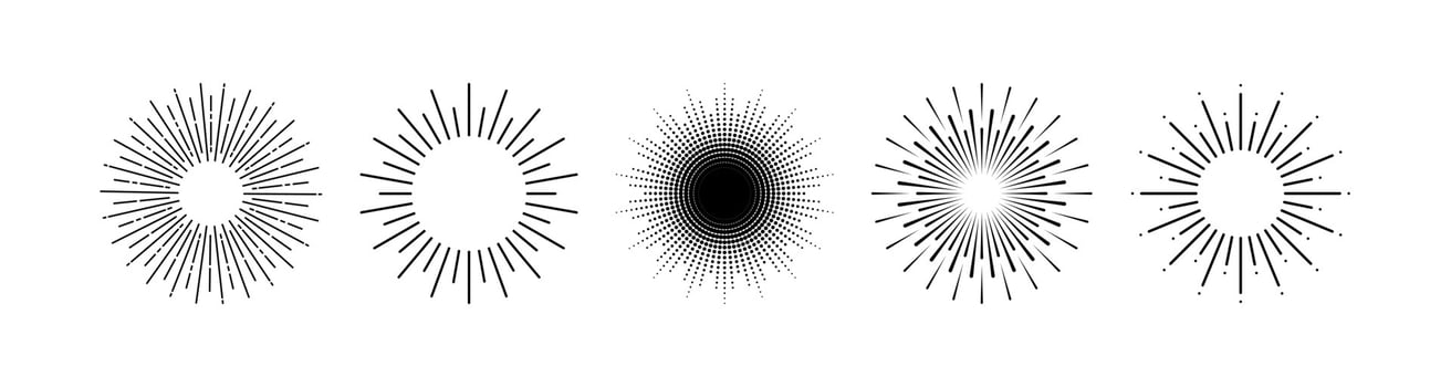 Collection Sun rays black icons isolated on white background. Eps10 vector