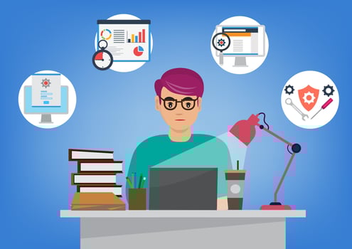 Male character working on developing a new website. Someone with laptop programming creates new applications or pages. Man coding with personal computer sitting at a desk focusing on work vector
