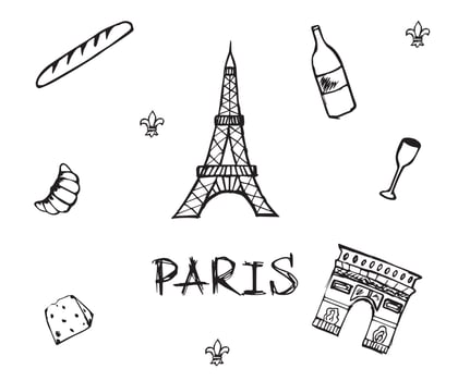 black and white doodle illustration with symbols of paris vector