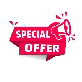 Special offer banner - label, icon with megaphone. Flat design. Vector illustration on white background.