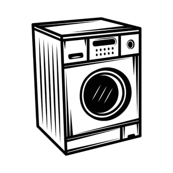 Vintage retro washing machine. Can be used like emblem, logo, badge, label. mark, poster or print. Monochrome Graphic Art. Vector Illustration. Engraving woodcut