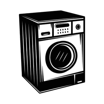 Vintage retro washing machine. Can be used like emblem, logo, badge, label. mark, poster or print. Monochrome Graphic Art. Vector Illustration. Engraving woodcut