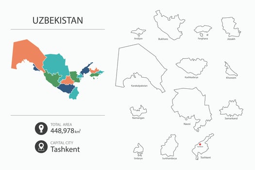 Map of Uzbekistan with detailed country map. Map elements of cities, total areas and capital. vector