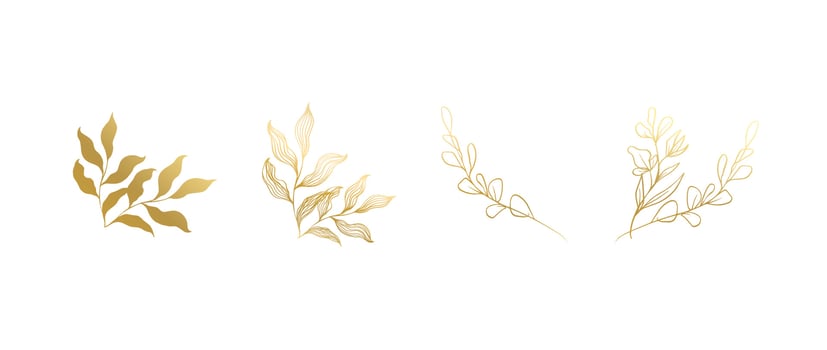 Golden leaves line art. Luxury flowers and leaves decoration elements for invitation and flyer design. Nature tropical art vector illustration