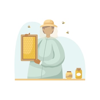 Vector illustration of a beekeeper with a honeycomb in his hands. Profession. Flat style