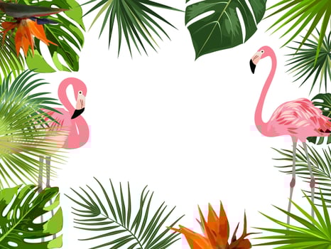 Vector tropical jungle frame with flamingo, palm trees, flowers and leaves on white background