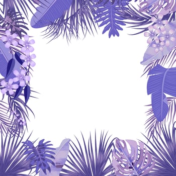 Vector tropical jungle banner, frame with violet palm trees, flowers and leaves on white background