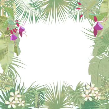 Vector tropical jungle banner, frame with palm trees, flowers and leaves on white background