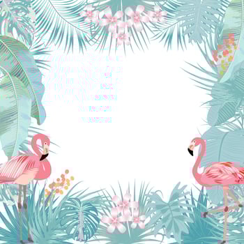 Vector tropical jungle frame with flamingo, palm trees, flowers and leaves on white background