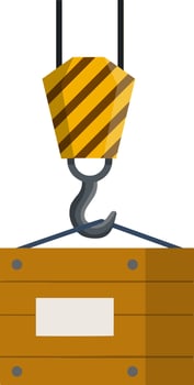 Industrial crane lifts wooden crate. Loading and transportation of cargo. Cartoon flat illustration. Yellow hook. hanging box. Element of plant. Shipment, carriage of goods vector