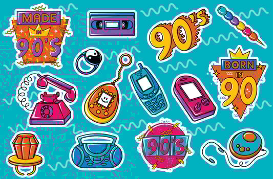 Collection of bright multi-colored stickers, retro badges, patches for designs in the style of the 90s.  set of items from the era of the 90s and 80s. vector