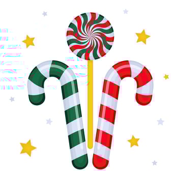 Christmas striped lollipops and round candy on stick isolated on white background. Sweets, dessert, treats. Gift for Christmas and New Year. Greeting card vector