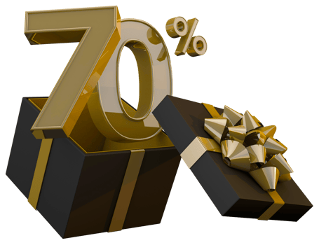 Black friday super sale with 70 percent gold number and black gift box and gold ribbon 3d render png
