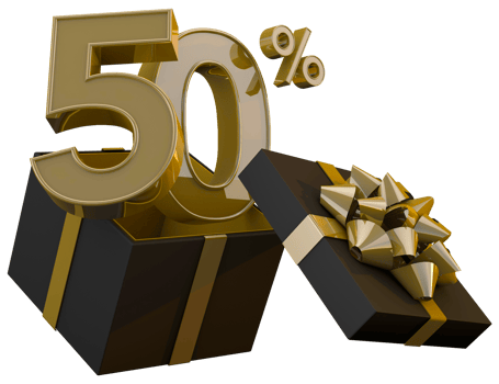 Black friday super sale with 50 percent gold number and black gift box and gold ribbon 3d render png
