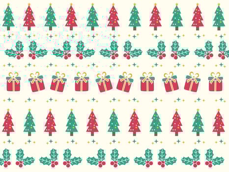 Seamless pattern Background with christmas tree, gift box and flowers poinsettia. Cute design. The design used for printing, background, gift wrapping, baby clothes, textile, vector illustration