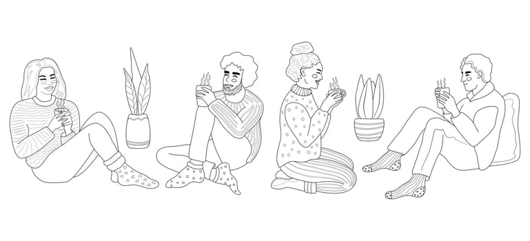 Outline characters. Men and women holding cups with hot coffee or tea, sitting and smiling. A concept of cozy romantic evenings. Autumn or winter everyday fashion. vector