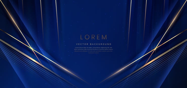 Abstract elegant dark blue background with golden line and lighting effect sparkle. Luxury template design. vector