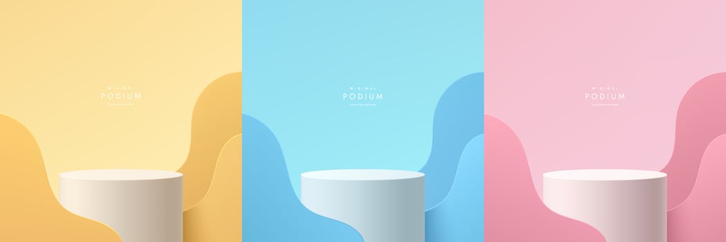 Set of 3d pink, yellow, blue and white realistic cylinder stand podium with wavy shape layers background. Vector geometric forms. Abstract minimal wall scene product stage showcase, Promotion display.