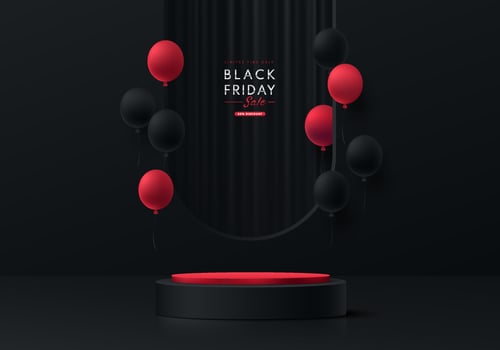 Realistic 3D black, red cylinder pedestal podium with dark curtain in arch window and balloon. Black friday sale concept, Vector abstract minimal scene for products stage showcase, Promotion display.