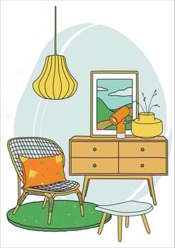 Scandinavian living room interior. Stylish armchair, chest of drawers, lamp and pieces of furniture. Cozy interior with bright colors. Vector illustration with hygge style furniture.
