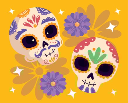 dia de los muertos skulls with flowers vector