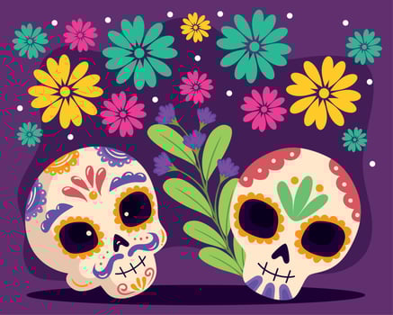dia de los muertos skulls with floral pattern vector
