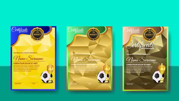 Soccer Game Certificate Diploma With Golden Cup Set Vector. Football. Sport Award Template. Achievement Design vector