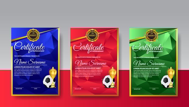 Soccer Game Certificate Diploma With Golden Cup Set Vector. Football. Sport Award Template. Achievement Design vector