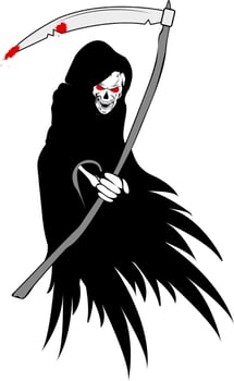 An angel of death with wings and a scythe in a bony hand. Scull. Halloween. vector
