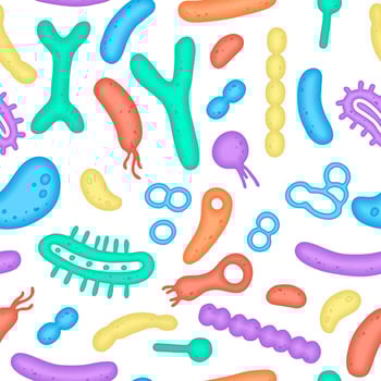 The human microbiome is a seamless pattern. Vector image. Bifidobacteria, lactobacilli. Lactic acid bacteria. Illustration in a flat style.