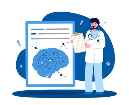 Neurologist with a tablet. Male medical worker.The concept of medicine and health. Vector illustration in a flat style on a blue background