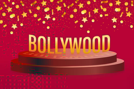 Bollywood indian cinema. 3d style. Podium with circles, stars, ribbons on a red background. Gold design. Vector illustration.