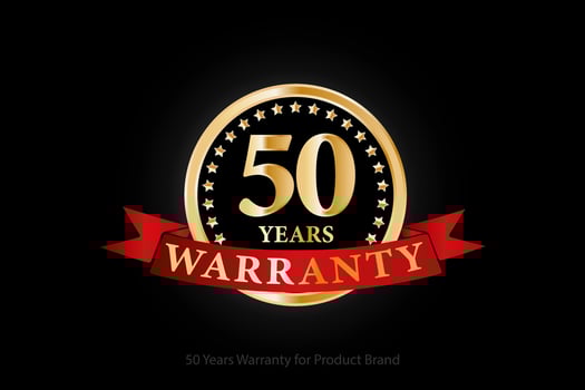 50 years golden warranty logo with ring and red ribbon isolated on black background, vector design for product warranty, guarantee, service, corporate, and your business.