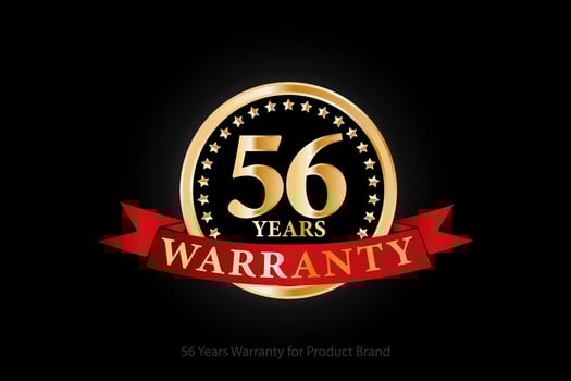 56 years golden warranty logo with ring and red ribbon isolated on black background, vector design for product warranty, guarantee, service, corporate, and your business.