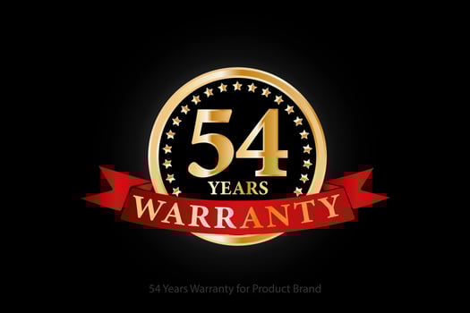 54 years golden warranty logo with ring and red ribbon isolated on black background, vector design for product warranty, guarantee, service, corporate, and your business.