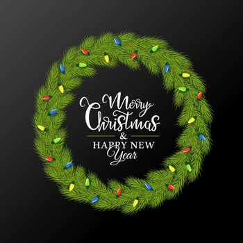 Christmas wreath of fir branches decorated with a garland vector