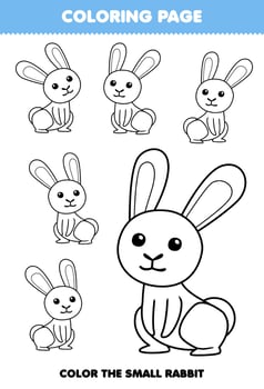 Education game for children coloring page big or small picture of cute cartoon rabbit line art printable farm worksheet vector