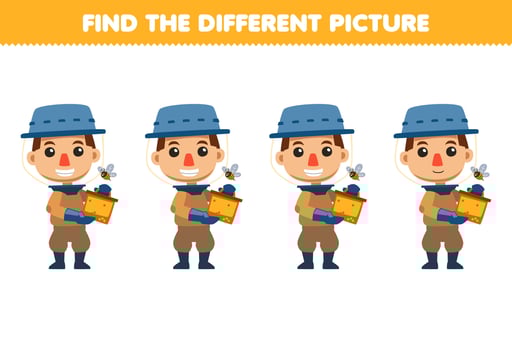 Education game for children find the different picture of cute cartoon honey farmer boy and bee printable farm worksheet vector