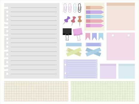Paper sheet collection on different shapes. Paper notes with tape, clips, and pin. vector