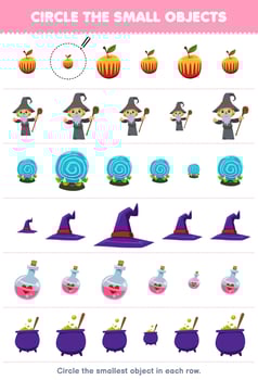 Education game for children circle the smallest object in each row of cute cartoon apple wizard magic orb hat potion bottle cauldron printable halloween worksheet vector
