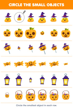 Education game for children circle the smallest object in each row of cute cartoon corn candy pumpkin lantern printable halloween worksheet vector