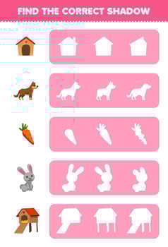 Education game for children find the correct shadow silhouette of cute cartoon kennel dog carrot rabbit hutch printable farm worksheet vector