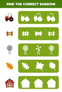 Education game for children find the correct shadow silhouette of cute cartoon tractor fence windmill leaf barn printable farm worksheet vector