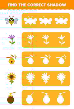 Education game for children find the correct shadow silhouette of cute cartoon bee flower beehive sunflower honey printable farm worksheet vector