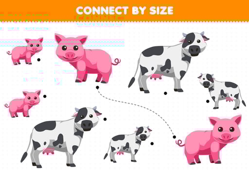 Educational game for kids connect by the size of cute cartoon pig and cow printable farm worksheet vector