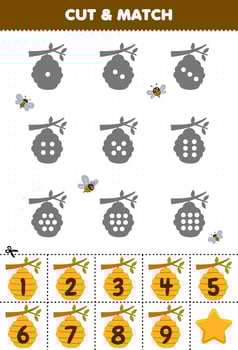 Educational game for kids count the dots on each silhouette and match them with the correct numbered beehive printable farm worksheet vector