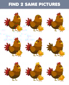 Education game for children find two same pictures of cute cartoon chicken hen and chick printable farm worksheet vector