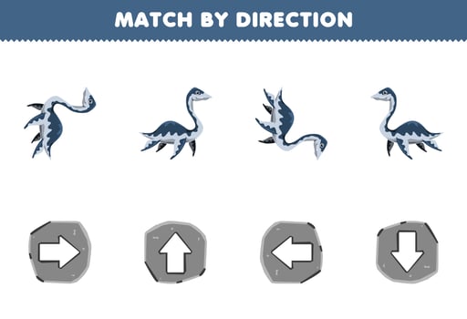 Education game for children match by direction left right up or down orientation of cute cartoon plesiosaurus printable prehistoric dinosaur worksheet vector