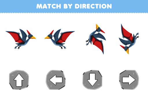 Education game for children match by direction left right up or down orientation of cute cartoon pteranodon printable prehistoric dinosaur worksheet vector